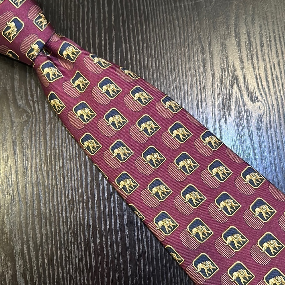 Lanvin Paris Elephant Print Silk Tie Burgundy Navy Gold